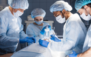 View of medical team performing general surgery